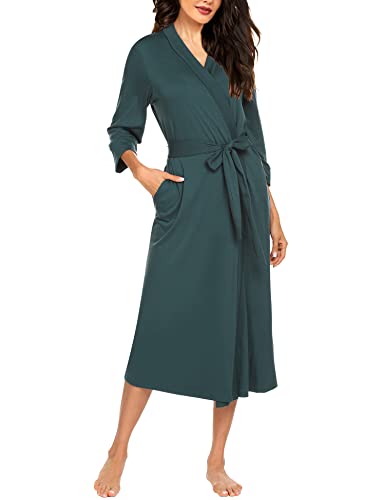 Image of MAXMODA Women Bathrobe 3/4 Sleeve Robe Comfort Female Kimono Robe Sleepwear(Dark Green,M)