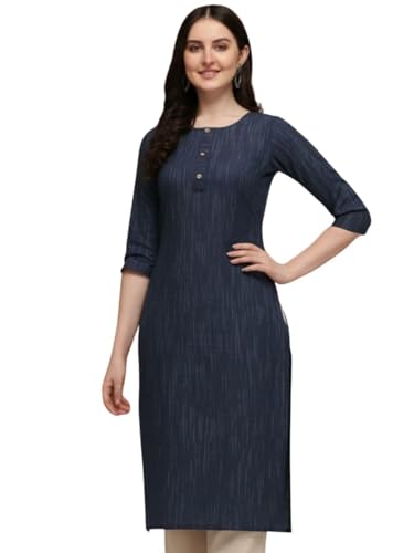 Image of Saanjh Women's Fit Straight Cotton Blend Long Kurta, 3 /4 Sleeve, Knee Length Kurtis, Casual and Office Wear