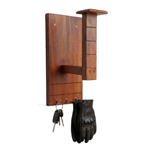 Image of Handcrafted Wooden Helmet Stand Wall Mount with Hooks - Motorcycle & Bike Helmet Holder, Wall Mounted Helmet Rack Organizer for Keys & Gloves, Space Saving Wooden Helmet Hanger for Home Garage
