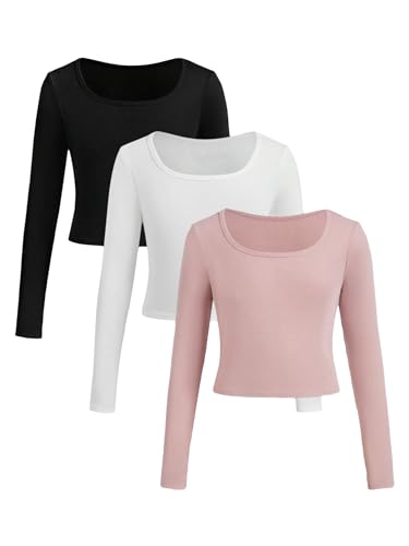 Floerns Girls 3 Piece Solid Ribbed Knit Square Neck Long Sleeve Tee Shirts Crop Tops