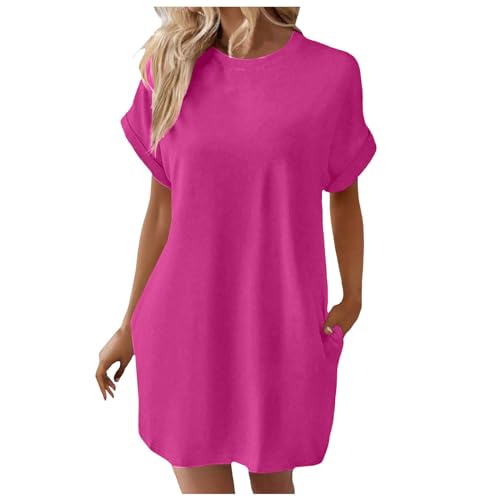 Vestido de camiseta suave para mujer, manga corta, informal, túnica de verano, suelto, con bolsillos, Rosa intenso., M