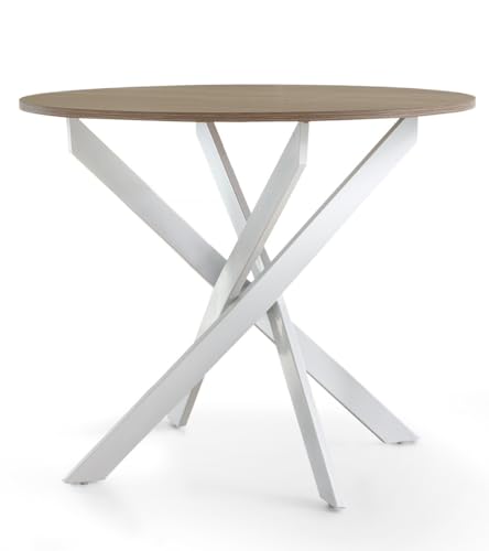 Home Heavenly® - Mesa Redonda Comedor Cocina Blake, Mesa Industrial 90 cm diámetro con Patas metálicas entrecruzadas. (Tapa Roble Pata Blanca)