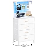 MUTUN Bedside Table with Charging Station, Bedside Cabinet with LED Light, Nightstand with Wood Shelf, 4 Fabric Drawers Side Table for Bedroom, White