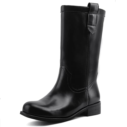 JilTrdWei Women's Mid Calf Riding Boots with Chunky Heel, Pull On Classic Boots, Comfortable Round Toe Casual Dress Boots for Daily Party Dating Commuting-Black-7.5