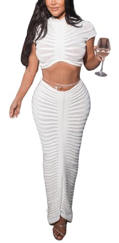 Image of Sexy See Through Long Dress Knitted Sheer Mock Neck Crop Top and Maxi Skirt 2 Piece Outfits Sets