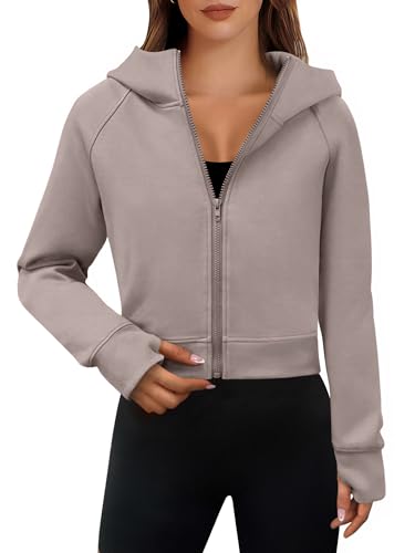 ANRABESS Womens Zip Up Hoodies Cropped Sweatshirts Fleece Jackets Fall Outfits Casual Hooded Y2k Tops Winter Clothes 2024 Light Khaki Small