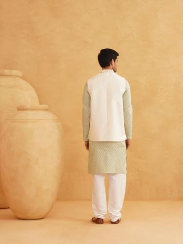 Sojanya (Since 1958 Men'S Silk Blend Self Design Pista Green Kurta With Pyjama & Cream Nehru Jacket4