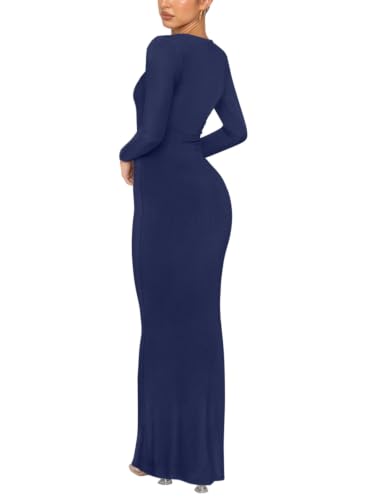 Image of REORIA Women's Sexy Crew Neck Lounge Long Dress Elegant Long Sleeve Ribbed Bodycon Maxi Dresses