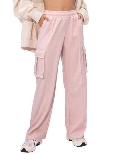 Image of The Souled Store Wide Leg Joggers: Blush Pink Women and Girls Pull On Cotton Blend Flared Joggers