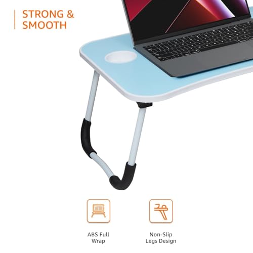 Image of GoRogue Foldable Wooden Mini Laptop Table for Bed, Study Table with Drawer, Tablet /Mobile Holder for Kids & Adults (Sky Blue), 40 Centimeters