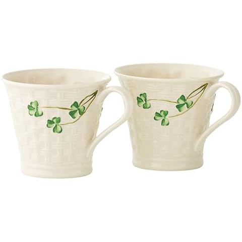 Belleek Classic Shamrock Ceramic Coffee Mug Set - Handmade Porcelain Ceramic Mug - 8 oz Ceramic Coffee Cups Set - Collectible Basketweave Tea Mugs, White Coffee Mugs Set - Aesthetic Mugs Gift Set Cover