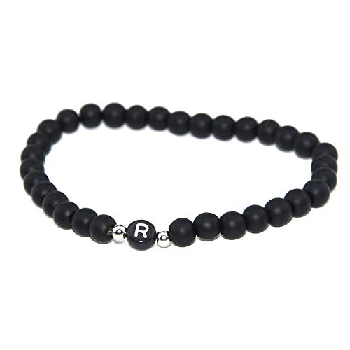 Bracelet noir mat 6mm avec lettre R en perles de pierre naturelle personnalisable