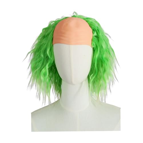 Cossneer Green Wig with Bald Cap Men Women Short Curly Green Costume Hair Wigs Halloween Costume Wig for Cosplay Party