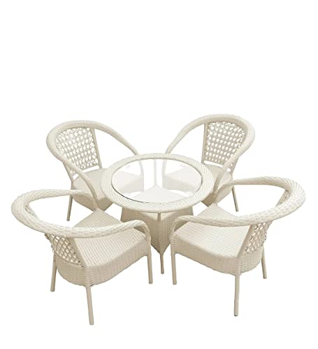 Image of Anaya Decor D-8 Chairs Table Set 4+1 Wicker Patio Furniture Sets 4 Chair and 1 Table for Garden Balcony Bedroom Powder Coated Frame Uv Protected Wicker (Off White)