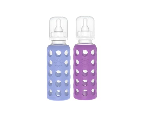 Lifefactory Glass Baby Bottle BPA Free | Protective Silicone Sleeve | 9 oz Pack of 2 | Blueberry & Grape