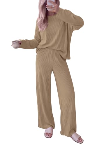 KIRUNDO Fall Ribbed Knit 2 Piece Lounge Set Women(Khaki, Medium)