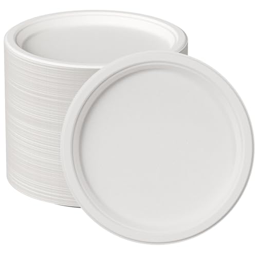 JOLLY CHEF 100% Compostable Paper Plates, 150 Pack 10 Inch Heavy Duty Plates, Disposable Biodegradable Eco-Friendly Sugarcane, Bulk White