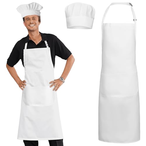 Gorro de Cocinero y Delantal para Adultos, Delantal Cocina Hombre Mujer, Gorro de Cocinero Ajustable, Delantal Chef, Negro/Blanco, Disfraz Cocinero Accesorio para Casa, Restaurantes
