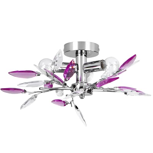Jago® Plafonnier - 3 Ampoules de Max. 40 W, E14, LED, Design : Feuilles Acryliques Transparentes ou Lilas - Lustre, Lampe de Plafond, Luminaire pour Salon,...