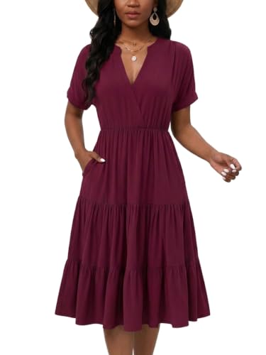 Image of PerZeal Women's Casual Tiered Midi Dress with Pockets - V Neck Short Sleeve Elastic Waist Ruffle Summer Dress for Daily Wear