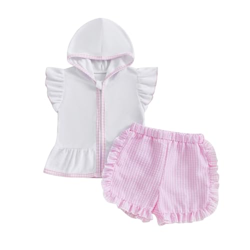 Mobbdow Toddler Baby Girl Swimsuit Bathing Suit Coverup Terry Cloth Flutter Sleeve Zipper Hooded Tops Plaid Ruffle Shorts Set (Pink, 12-18 Months)