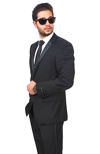 AZAR MAN Slim Fit Men Suit Tuxedo Black 2 Button Satin Collar Flat Front Pants3