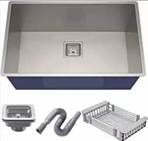 RAPCON 27x20x10 Handmade sink Kitchen Sink Matte Finish 304 Grade Stainless Steel With Sound Proof Pads|Waste Pipe|Square Coupling|Adjustble Rack Single Bowl Silver Sink