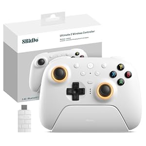 8Bitdo Ultimate 2 Kabelloser 2.4G Controller für PC&Android, TMR Joystick Update, Lange und Kurze Triggersperren, RGB-Feuerring, Kabellose 8Speed Technologie Gaming-Controller mit Ladestation, Weiß