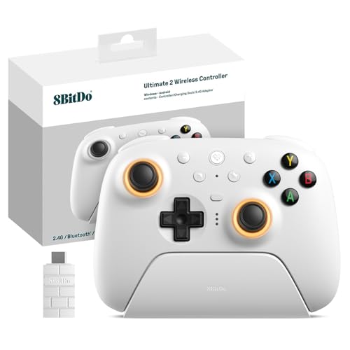 8Bitdo Ultimate 2 Kabelloser 2.4G Controller für PC&Android, TMR Joystick Update, Lange und Kurze Triggersperren, RGB-Feuerring, Kabellose 8Speed Technologie Gaming-Controller mit Ladestation, Weiß