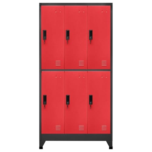 Homgoday Armario de acero antracita y rojo, 90 x 45 x 180 cm, 6 puertas con cerradura, armario de oficina para ropa y objetos personales Model339801