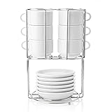 Sweese 432.001 Stackable Espresso Cups with Saucers and Metal Stand - 2.5 Ounce - Set of 6, White