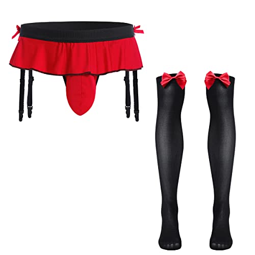 ABAFIP Men's Sissy Skirted Thong Panties Bowknot Low Rise G-string Bikini Briefs Underwear with 4 Gaters Belt