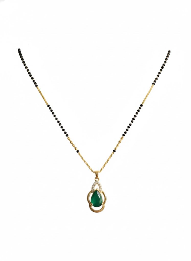 Gold Plated Short Mangalsutra for Women – Contemporary Teardrop Green Emerald & American Diamond Pendant with Traditional Black Beads-image-10
