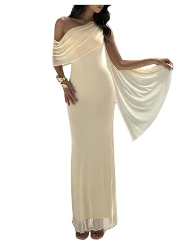 Milumia Women's Asymmetrical Neck Mesh Maxi Dress Short Sleeve Ruched Bodycon Cocktail Wedding PartyDresses