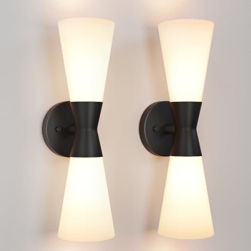 Image of Wall Sconces Set of 2 for Bathroom, Modern Indoor Vanity Light Fixtures 17 inch, Up Down Lighting, Wall Mount Lamp for Living Room Bedroom Hallway Stairway Fireplace Mirror E26 Base 2PC White&Black