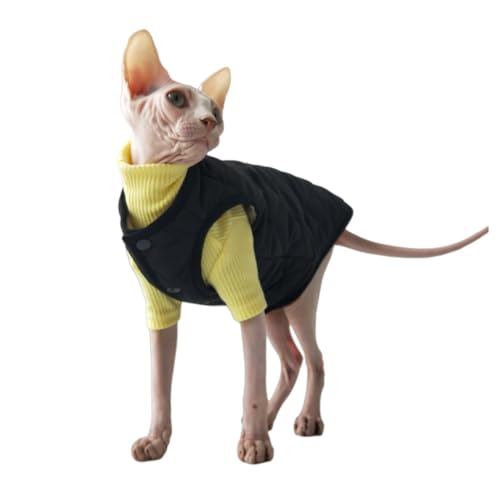 UGYMSIA ペット服 猫服 秋冬用 ハイカラーシャツ 純綿 コットンベスト 厚手で暖かい ファッショナブルなトレンド Devon Rex Sphynx ラグドール衣類 (ブラックベスト + イエローベースシャツ,XL)