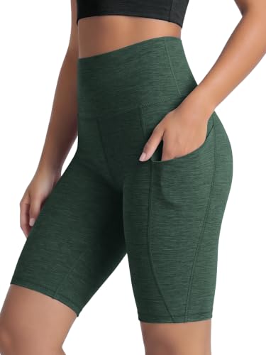 ODODOS 10" Tummy Control Biker Shorts for Women with Pockets, Ultra Soft odSTRATUM Tech High Waist Running Workout Yoga Shorts, Aspen Heather, XX-Large