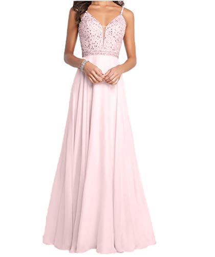 Preisvergleich Produktbild Carnivalprom Damen Spaghetti-Träger Chiffon Abendkleider Lang Hochzeit Hochzeitskleider Perlen Ballkleider(Rosa,44)