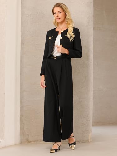 Women's Tweed Short Jacket Crewneck Button Down Long Sleeve Work Office Cropped Blazer3