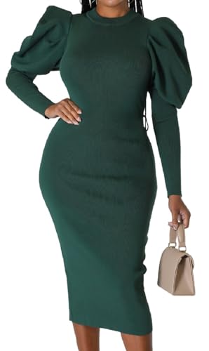 Image of Oxgmoky Women's Church Long Sleeve Sweater Dress Ribbed Bodycon Midi Work | Soft ribbed knit bodycon midi sweater dress with sleeveless cut and round neck for church, work and dinners