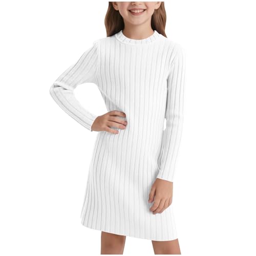Vestido Niña de Manga Larga Casual Cuello Redondo Mamelucos Suéter de Manga Larga Color Sólido Suave Cómodo Corto Vestidos Jersey de Punto Acanalado Versátil Vestido Básico 8-12 Años