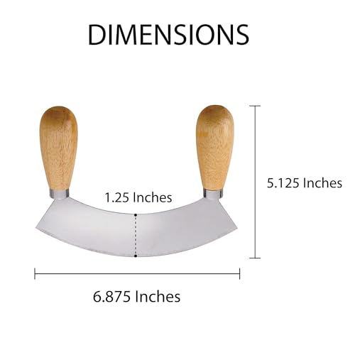 HIC Kitchen Mezzaluna Rocking Chopper And Mincing Knife With Double Handles, Stainless Steel, Rubberwood, For Herbs Vegetables Nuts And More