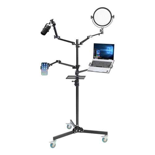 Image of GVM 5-in-1 Movable Live Streaming Floor Stand Kit with Wheels, Overhead Camera Mount with 10 inch LED Key Light /Mic Boom Arm /Tablet Laptop Phone Stand /Tray for Live Broadcast Podcast Video Recording Game