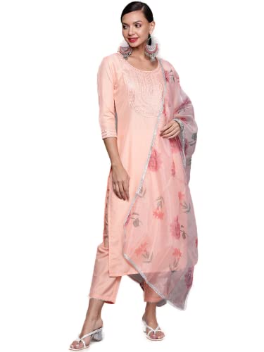 Image of INDO ERA Women's Yoke Design Silk Blend Straight Kurta with Pant & Dupatta Set