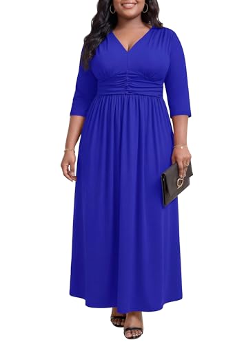 Image of Runwind Plus Size Maxi Dress 3 /4 Sleeve V-Neck Pleated Faux Buttons Pockets
