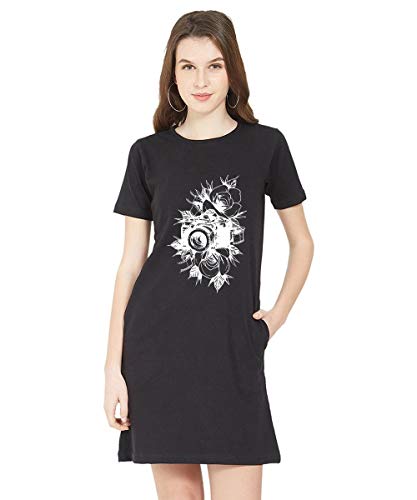 Image of Caseria Women's Round Neck Cotton T-Shirt Dress with Printed Graphics and Side Pockets - Flower Camera