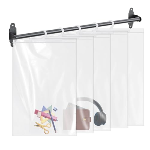 Locmeo 24 Pcs Hanging Storage Bags Large Hook 14 x 21 Inches Clear Hanging Book with Hook Bags for Classroom Pouch for Home Library School Organization