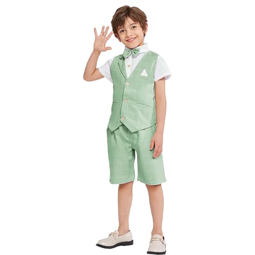 Image of Summer Boys Suit Dress Clothes Kids Wedding Ring Bearer Outfit 4Pcs Shirt Vest Shorts Set