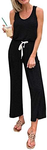 PRETTYGARDEN Women's Casual Solid Sleeveless Jumpsuit Crewneck Drawstring Waist Stretchy Long Pants Romper(A-black,Large)