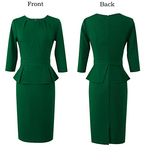 Image of VFSHOW Womens Pleated Crew Neck Peplum Slim Work Business Dress Elegant 3 /4 Sleeves Office Church Bodycon Pencil Sheath Dress